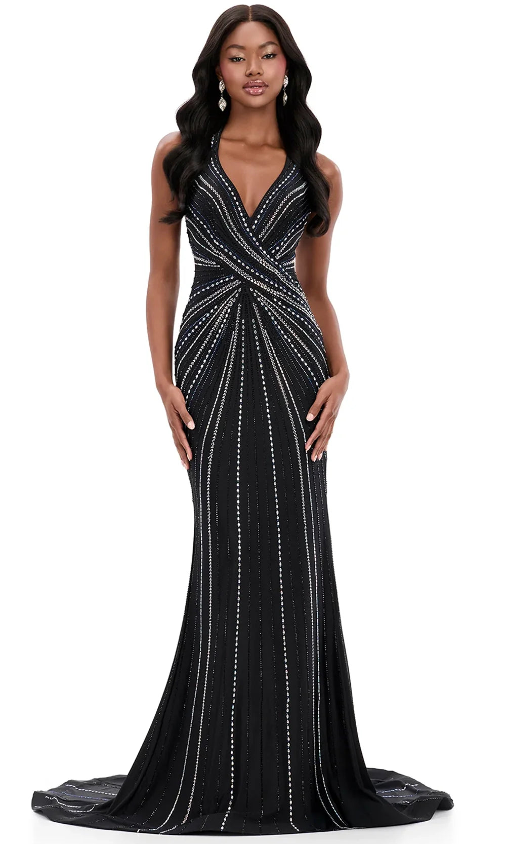 Ashley Lauren 12327 - Fully Beaded Plungin g Halter Jersey Dress in Black