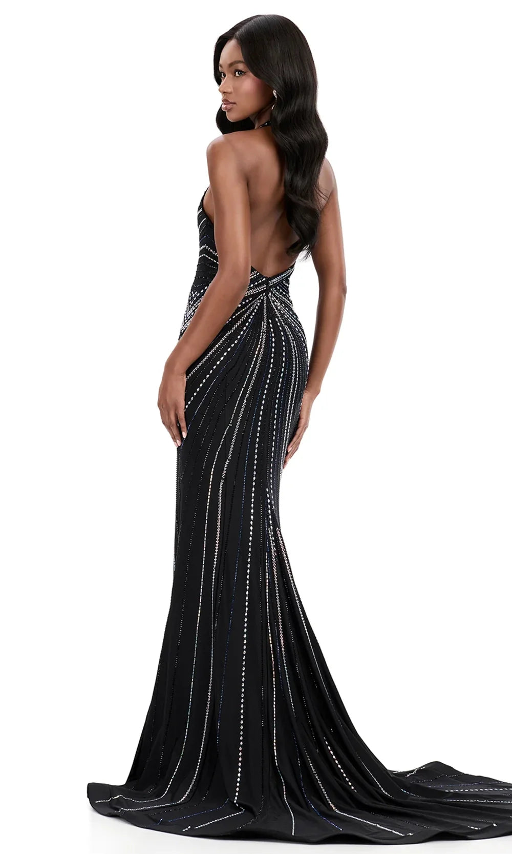 Ashley Lauren 12327 - Fully Beaded Plungin g Halter Jersey Dress in Black