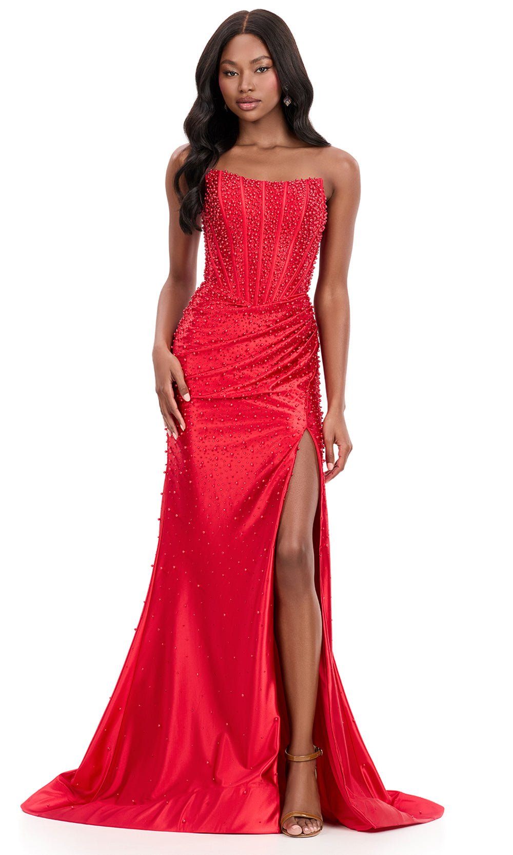 Ashley Lauren 12356 - Pearl Detail Straight Neckline Prom Gown Special Occasion Dress in Red