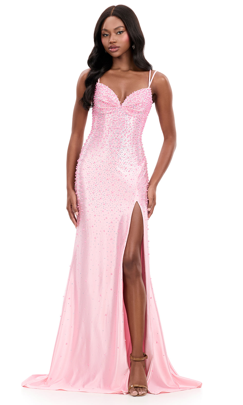 Ashley Lauren 12357 - Sweetheart Pearl Beaded Prom Gown with Slit Special Occasion Dress in Pink