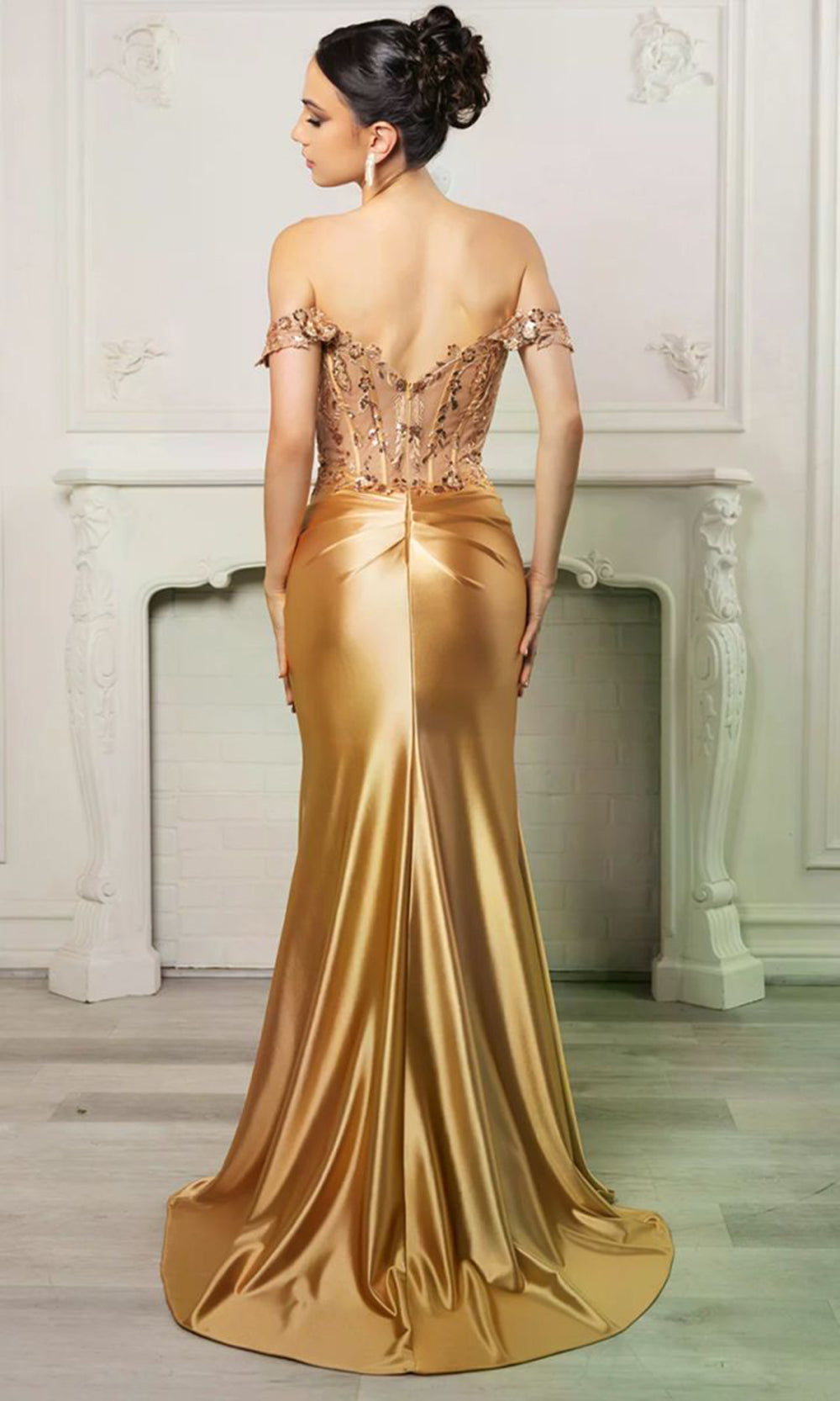 May Queen MQ2153B - Pleated Accent Red Carpet Dress Prom Dresses in Gold 