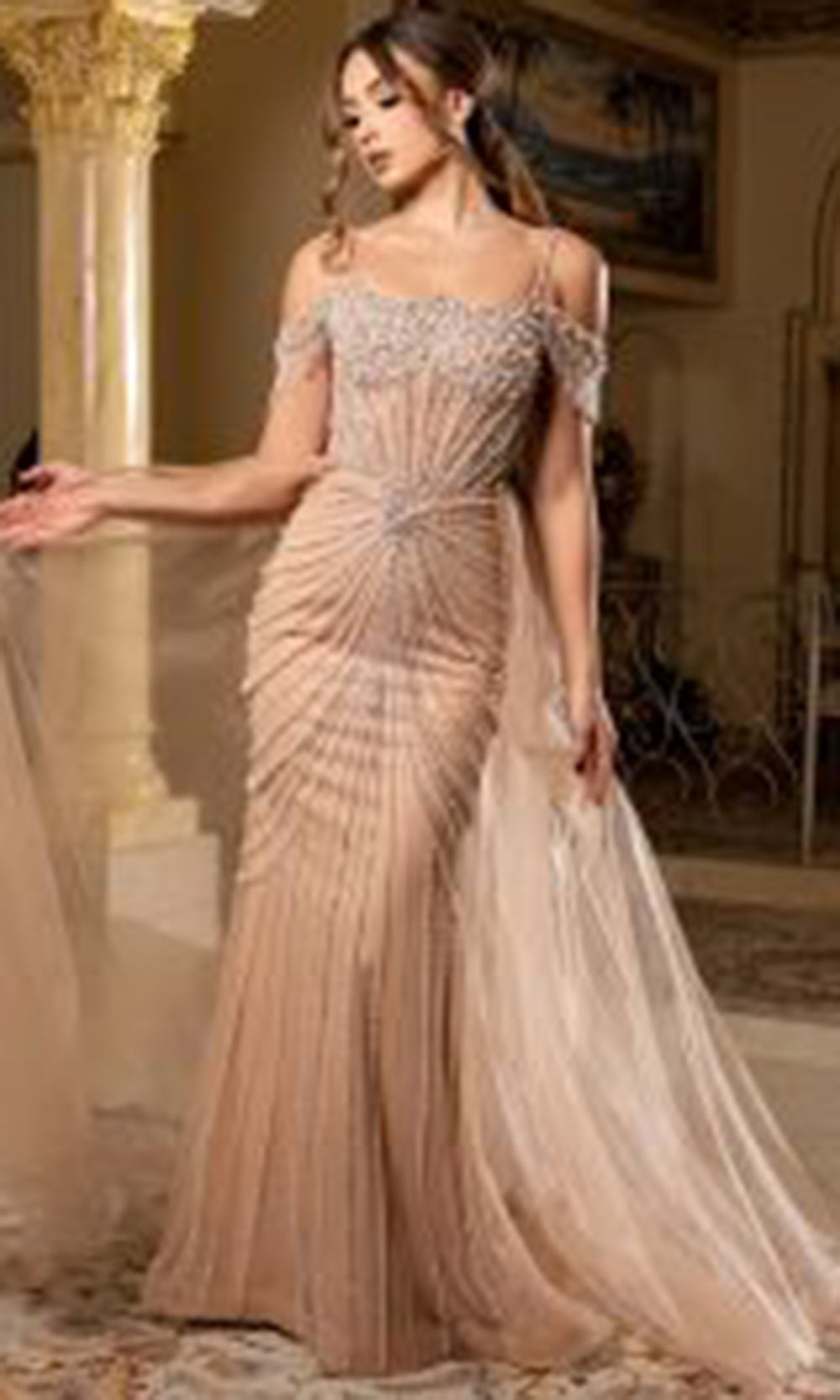 May Queen RQ8277 - Fringed Corset Mermaid Gown Prom Dresses in Champagne 