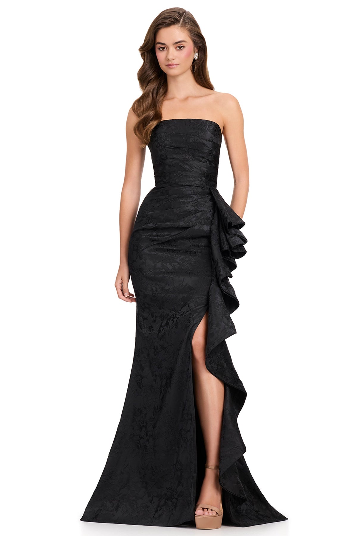 Ashley Lauren 12437 - Straight Across Floral Brocade Long Prom Gown