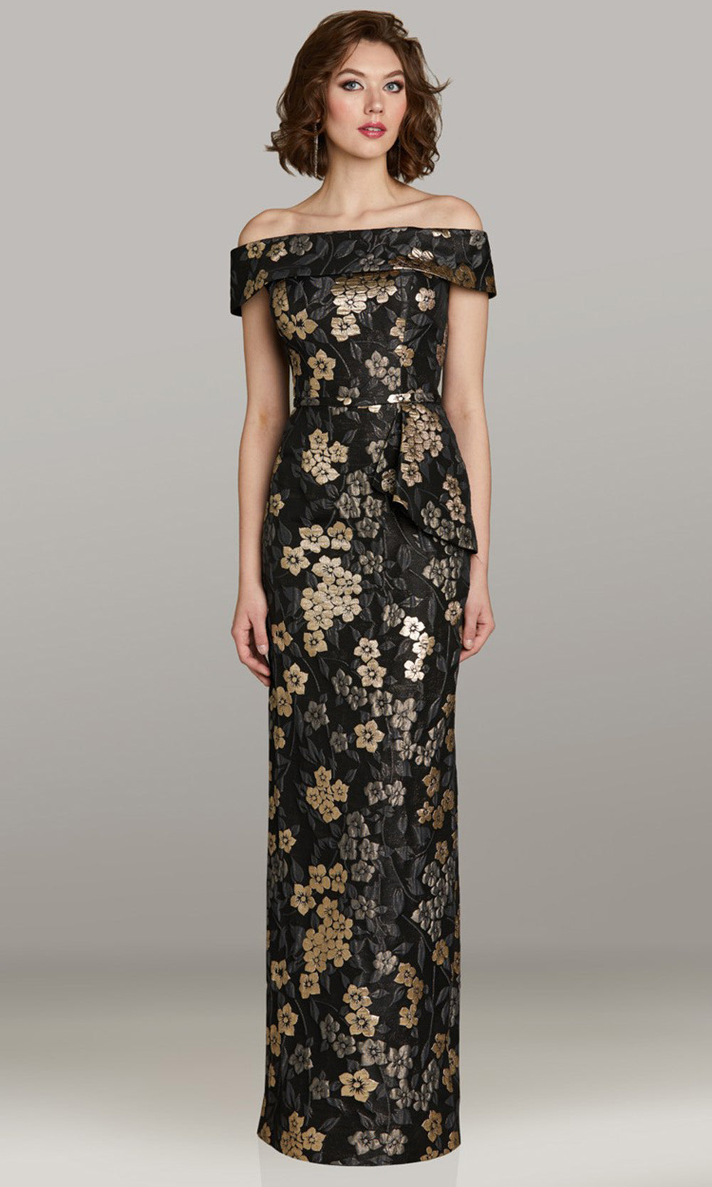 Gia Franco 12472 - Off Shoulder Floral Dress with Back Slit Formal Gowns in Black Gold