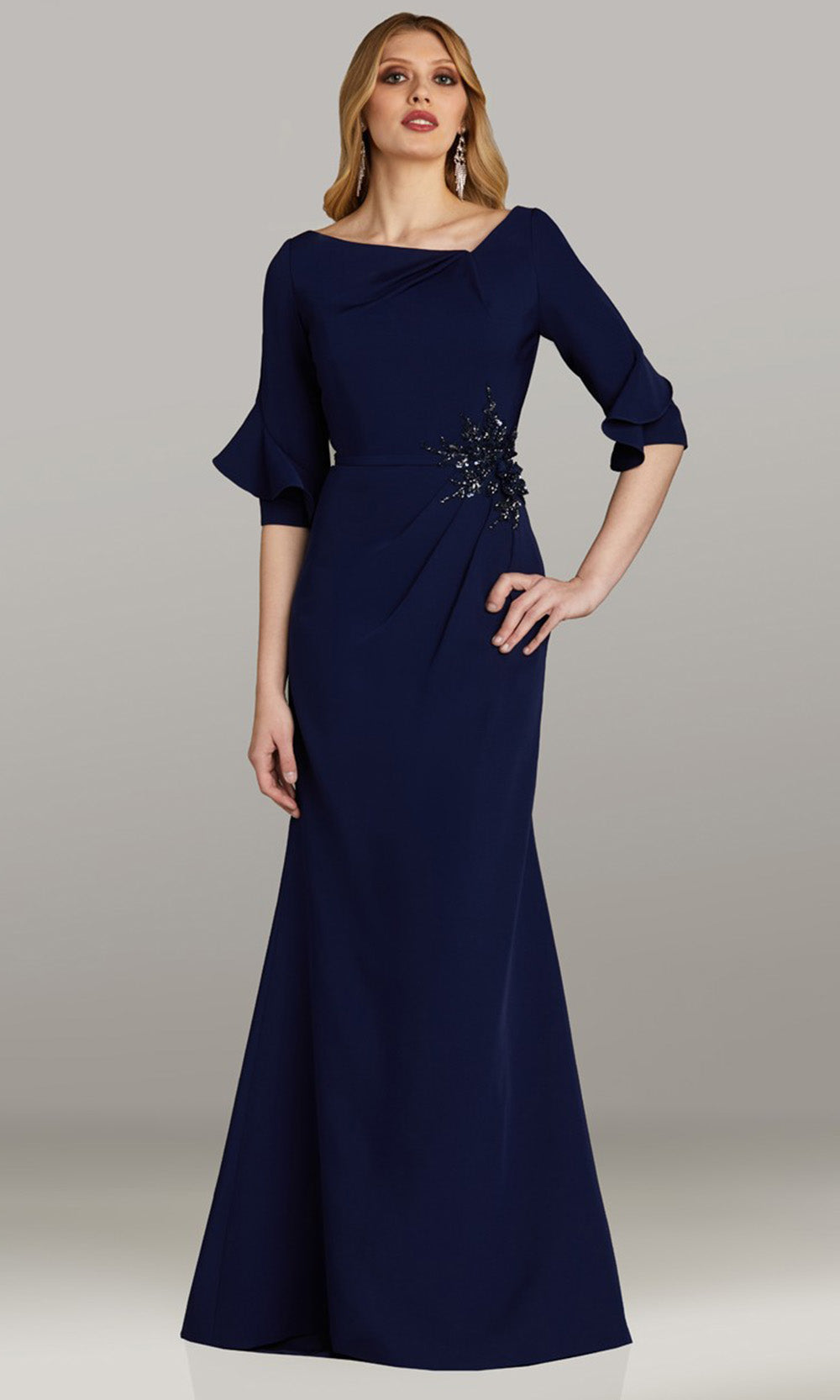 Gia Franco 12476 - Three-Quarter Ruffled Sleeve Embellished Dress In Navy