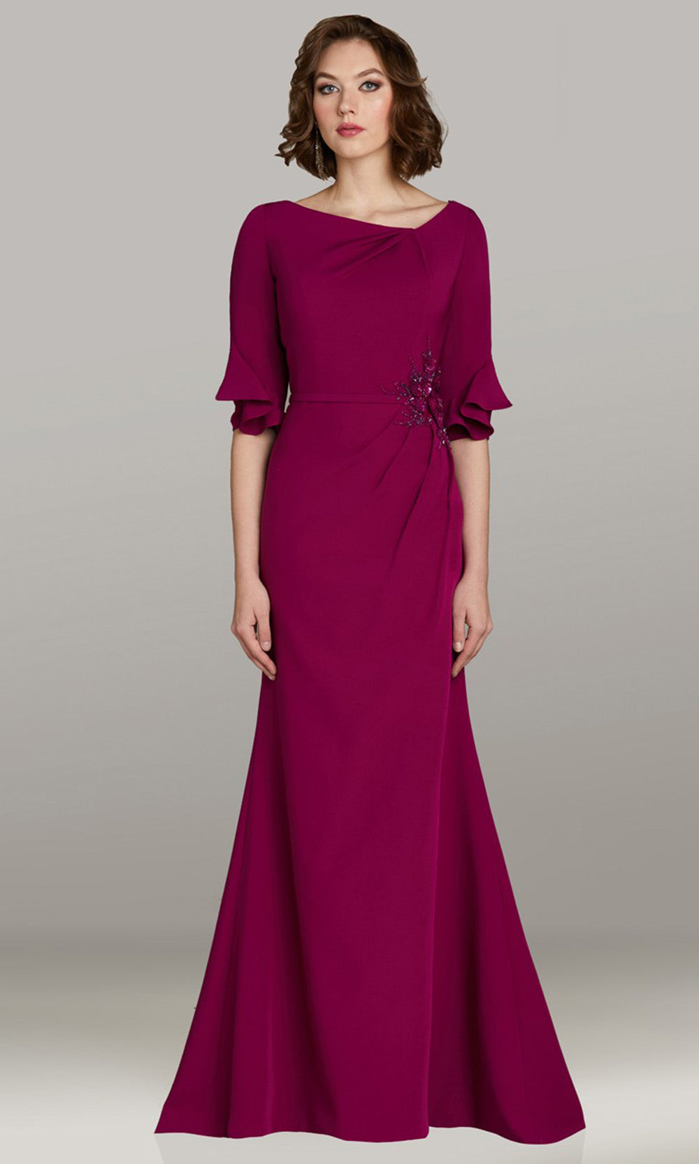 Gia Franco 12476 - Three-Quarter Ruffled Sleeve Embellished Dress In Fuchsia