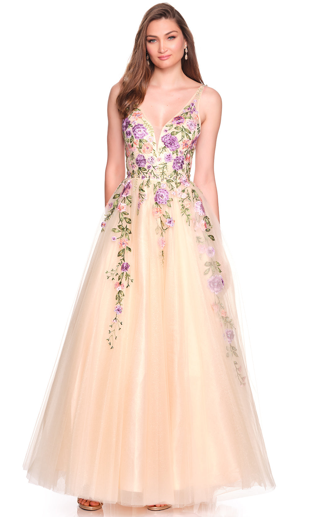 Dave & Johnny 12479 - Floral Applique Tulle Layered Ballgown Prom Dresses