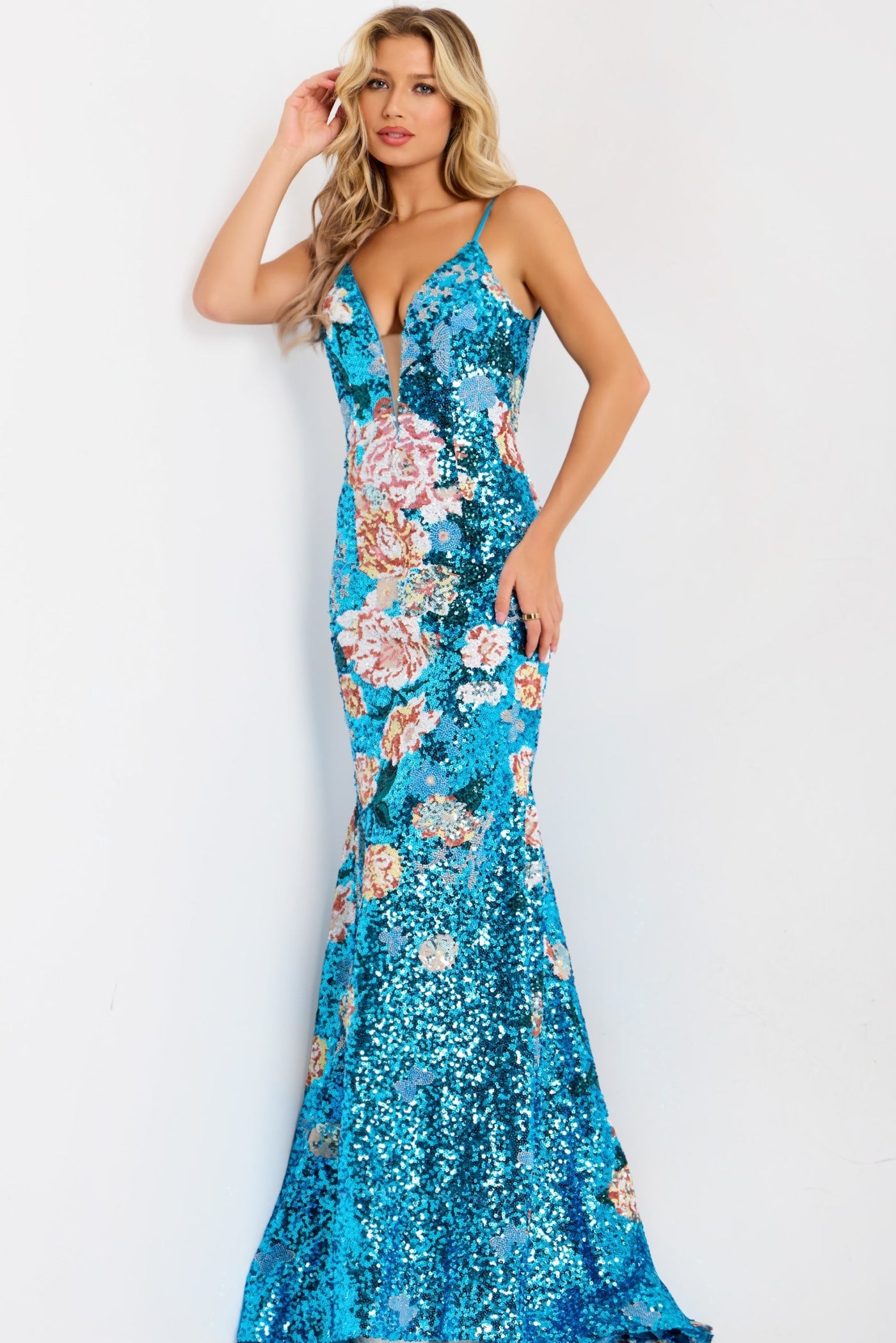 Jovani 48637 - Deep V Sequin Prom Gown Prom Dresses in Blue and Multi