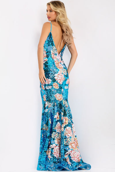 Jovani 48637 - Deep V Sequin Prom Gown Prom Dresses in Blue and Multi