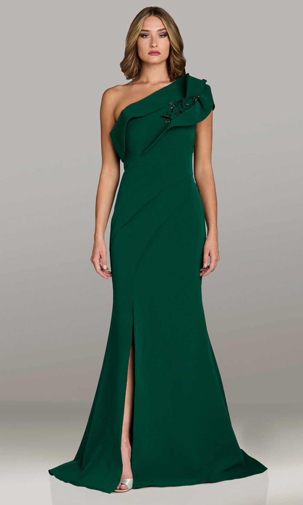 Gia Franco 12506 - Floral Accent Asymmetric Sheath Gown Mother of the Bride Dresses in Emerald 