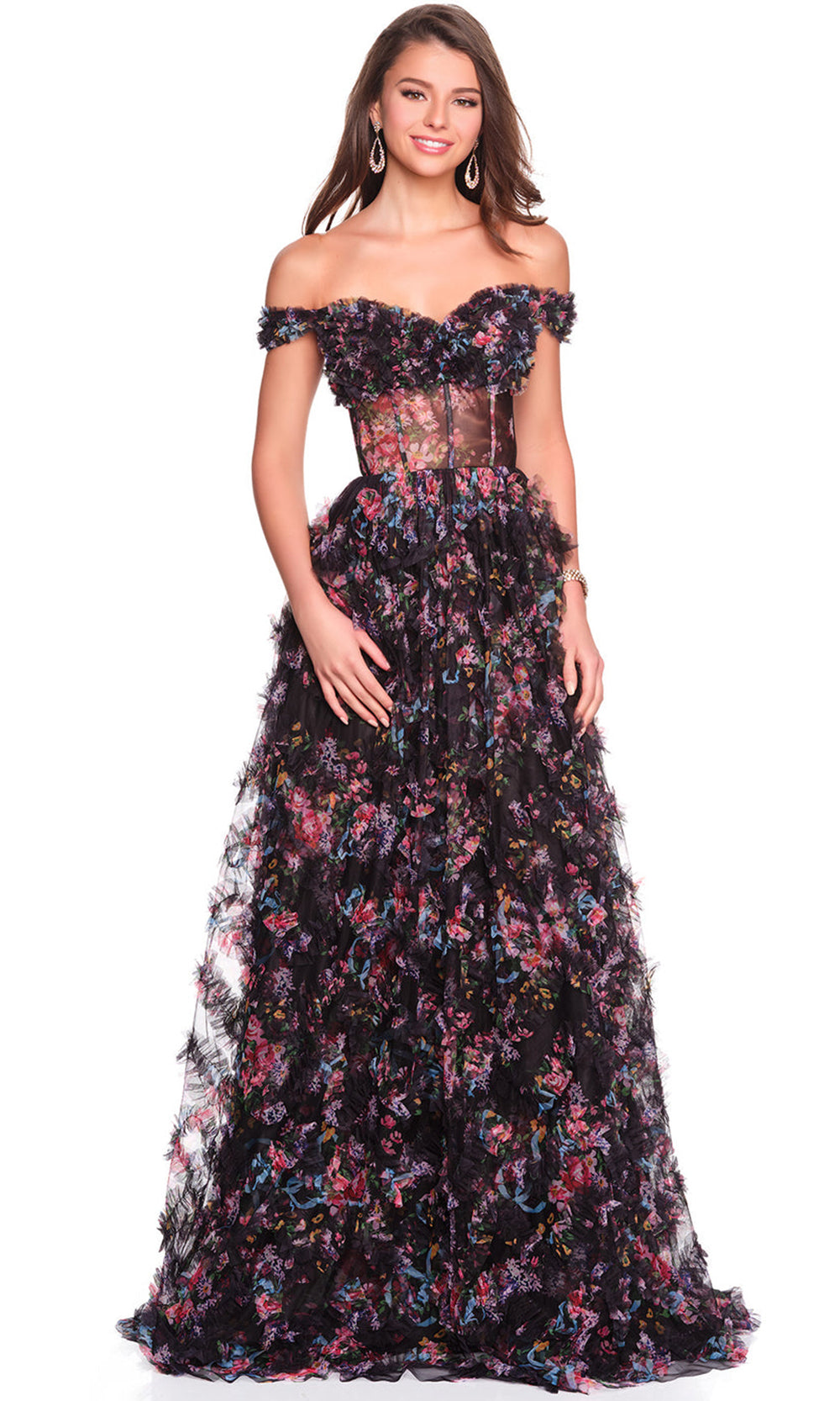 Dave & Johnny 12508 - Floral Print A-Line Dress with Ruffles Prom Dresses