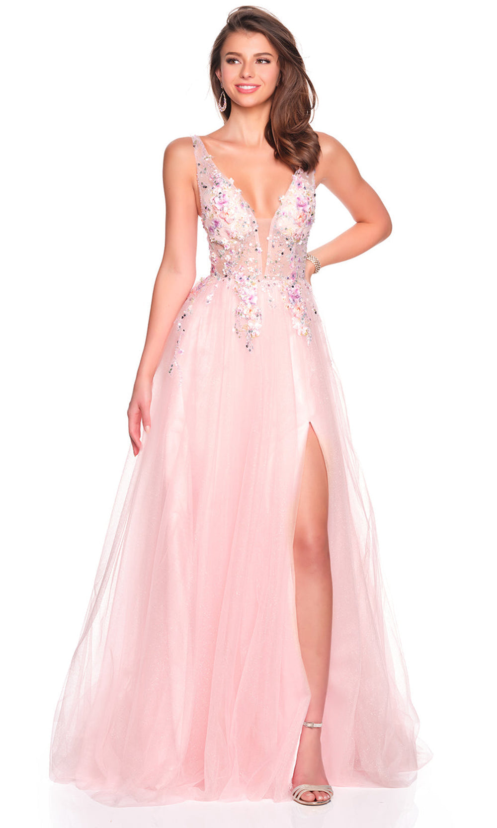 Dave & Johnny 12591 - Floral Motif Sleeveless Layered Gown Prom Dresses