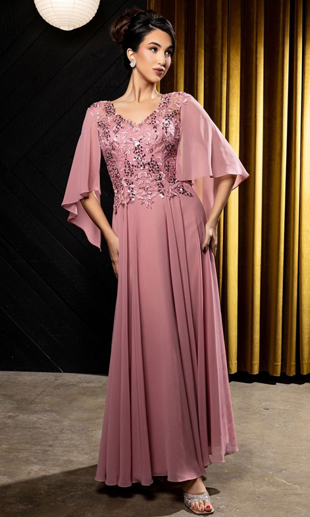 May Queen MQ2233 - V Neck Embroidered Evening Dress Mother Of The Bride Dresses in Pink 