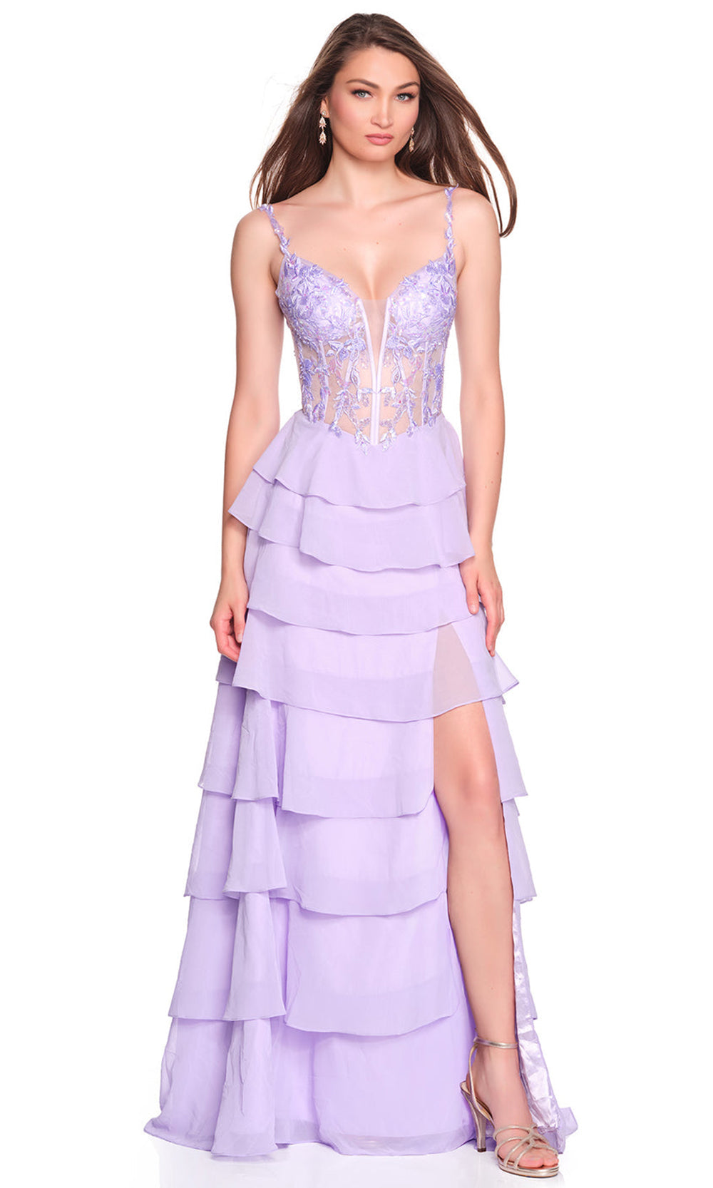 Dave & Johnny 12680 - Plunging Illusion Tiered Prom Gown Prom Dresses