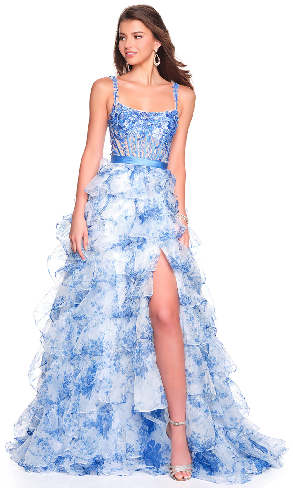 Dave & Johnny 12765W - Embellished Corset Print Ruffle Dress Prom Dresses