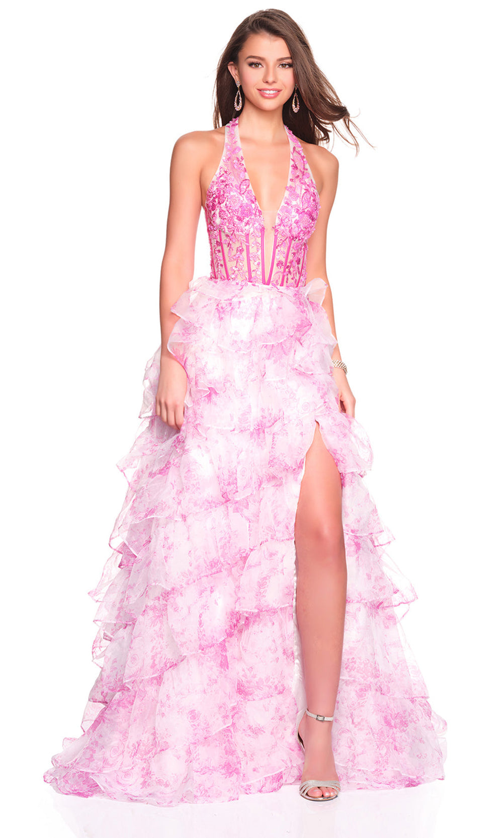 Dave & Johnny 12766 - Tiered Ruffle Floral Print Ballgown Prom Dresses