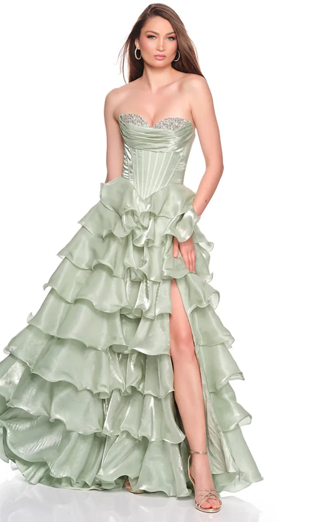 Dave & Johnny 12777 - Beaded Bust Tiered Ruffle Ballgown Prom Dresses