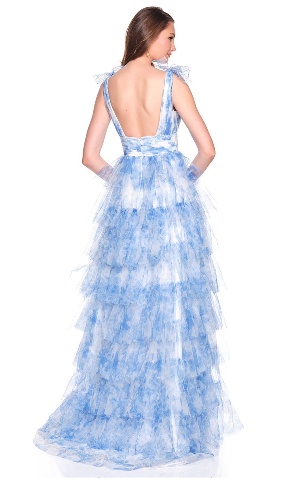 Dave & Johnny 12793 - Plunging V-Neck Printed Ruffle Gown Prom Dresses