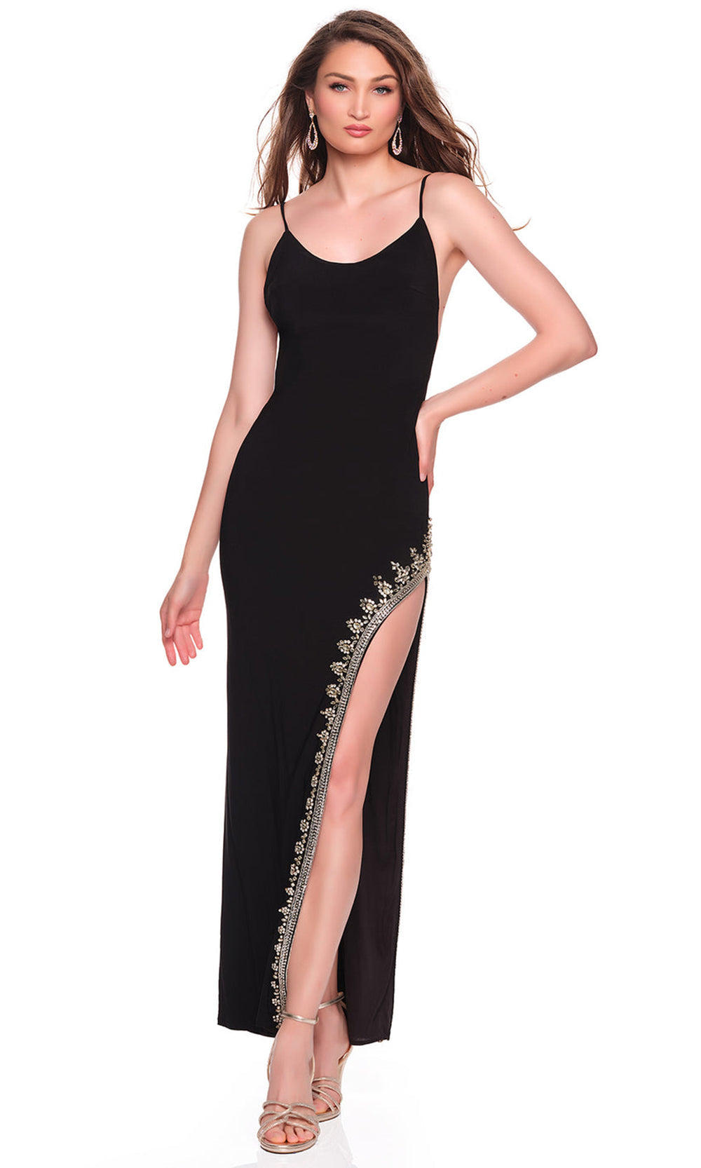 Dave & Johnny 12819 - Minimalist Column Gown with Beaded Slit Prom Dresses