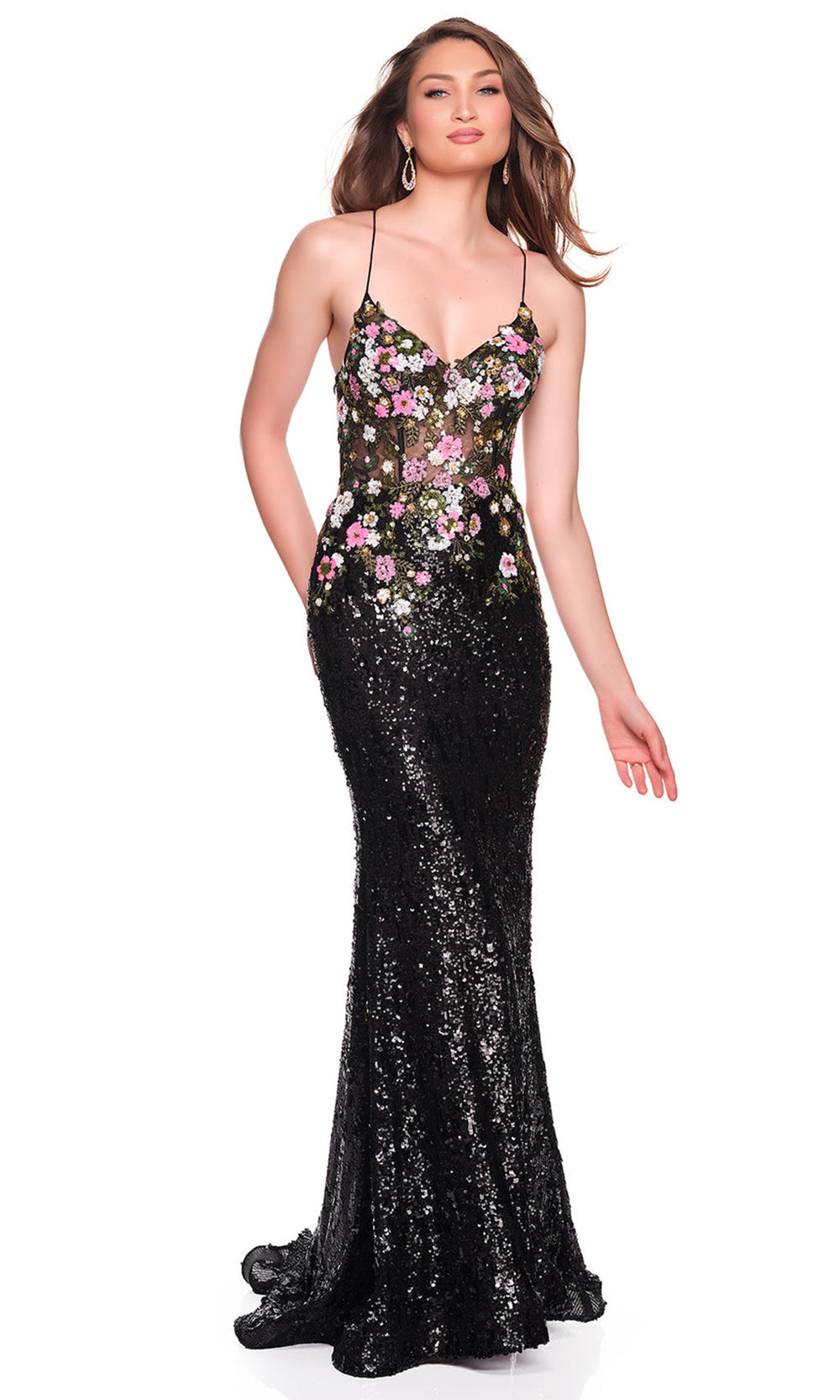 Dave & Johnny 12852 - Illusion Corset Floral Sequin Fitted Dress Prom Dresses