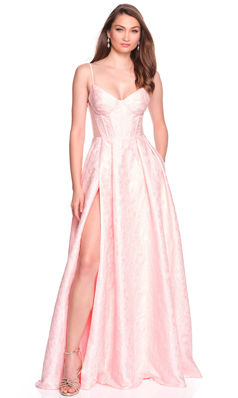 Dave & Johnny 12885 - Sweetheart Neck Brocade Slit Dress Prom Dresses