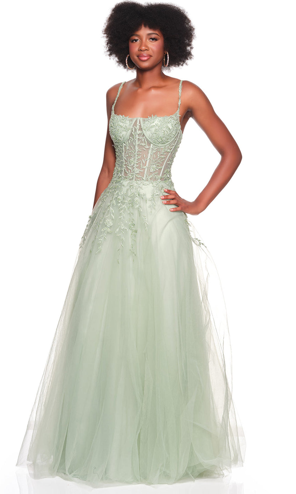 Dave & Johnny 12907 - Foliage Embroidered Corset Tulle Gown Prom Dresses