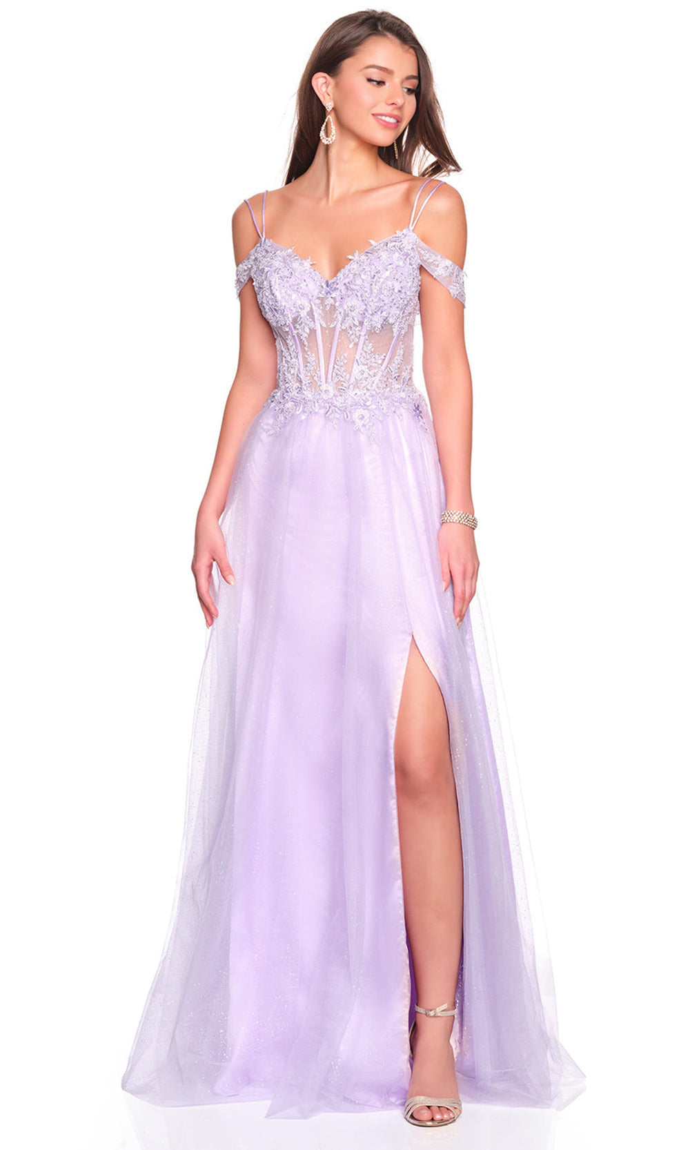 Dave & Johnny 12933 - Lace Applique Double Strap Long Dress Prom Dresses