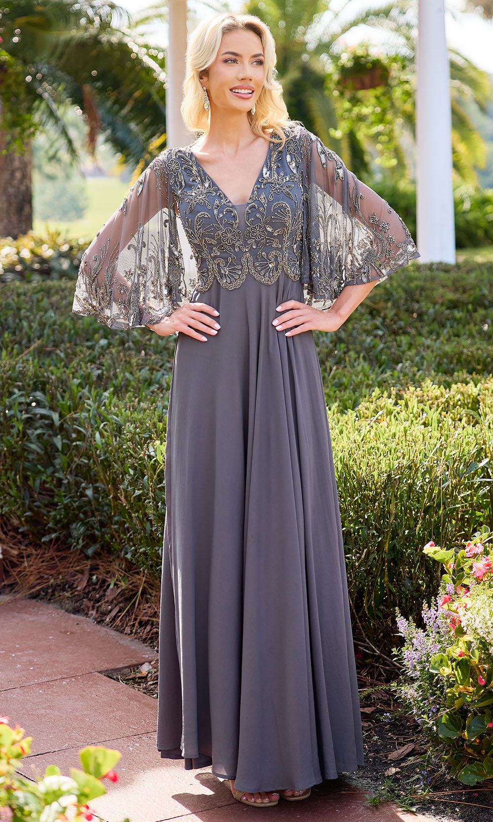 Primavera Couture 13162 - Cape Sleeve Empire Waist Formal Dress Mother of the Bride Dresses