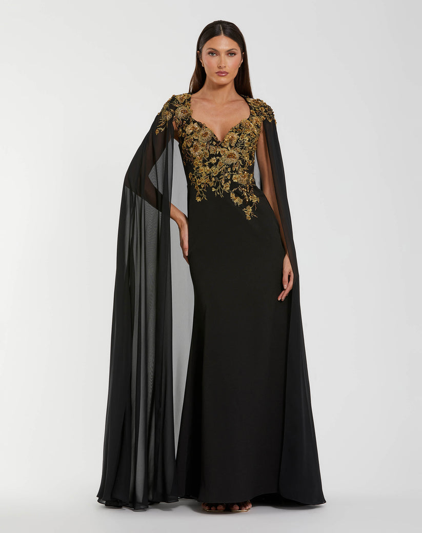 Mac Duggal 13206 - Floral Embroidered Cape Evening Gown Formal Gowns in Black and Gold