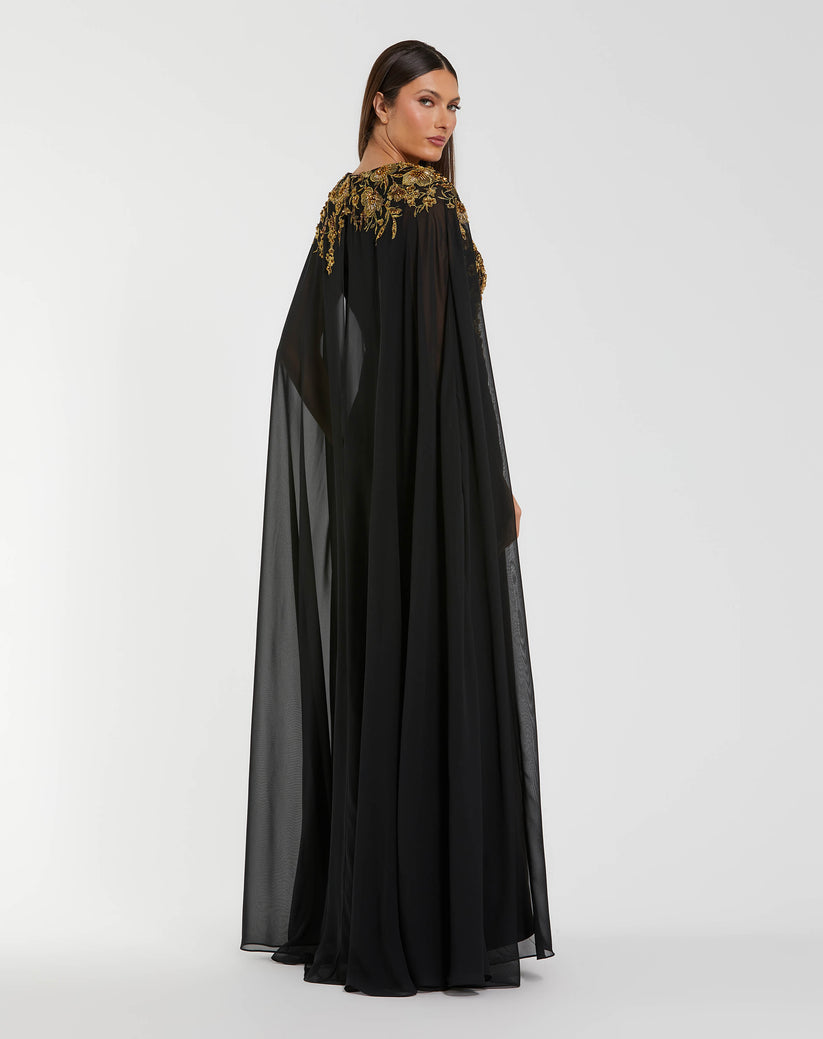 Mac Duggal 13206 - Floral Embroidered Cape Evening Gown Formal Gowns in Black and Gold