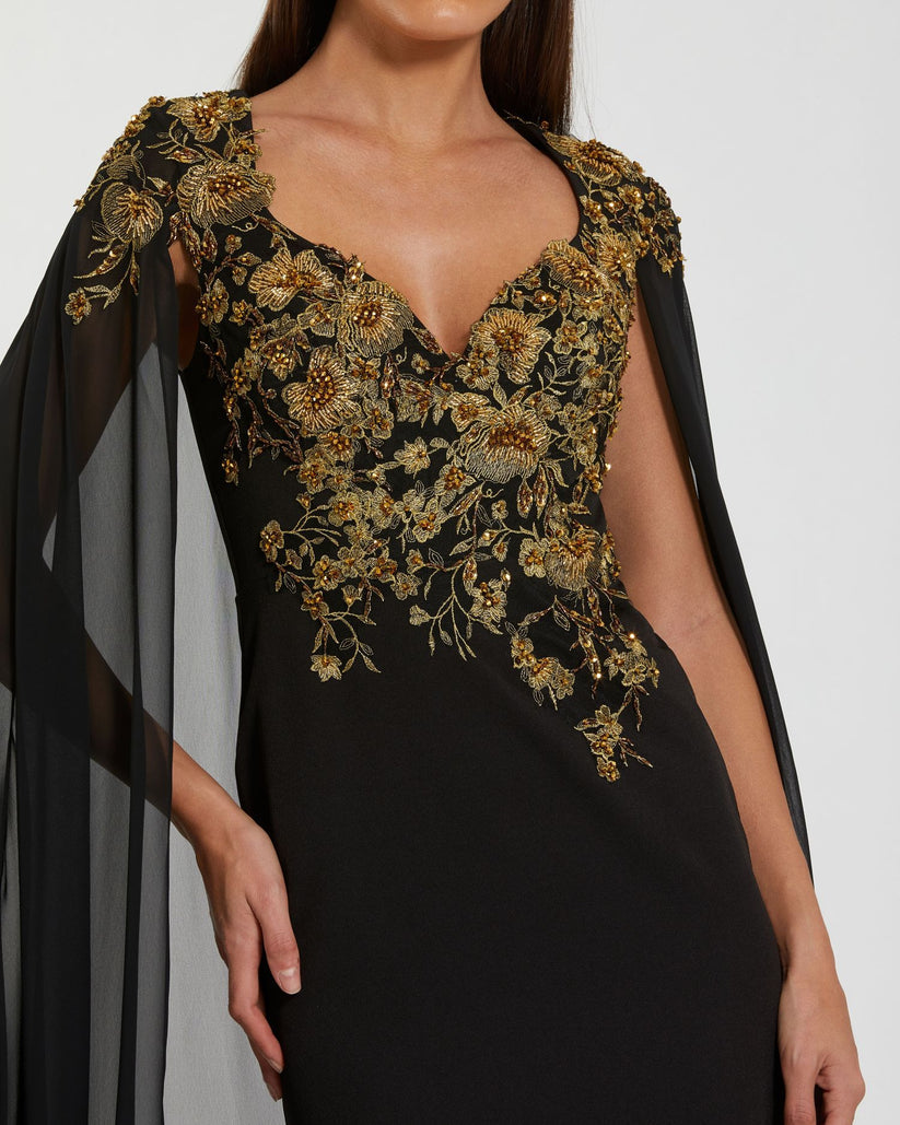 Mac Duggal 13206 - Floral Embroidered Cape Evening Gown Formal Gowns in Black and Gold