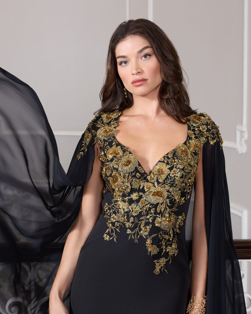 Mac Duggal 13206 - Floral Embroidered Cape Evening Gown Formal Gowns in Black and Gold