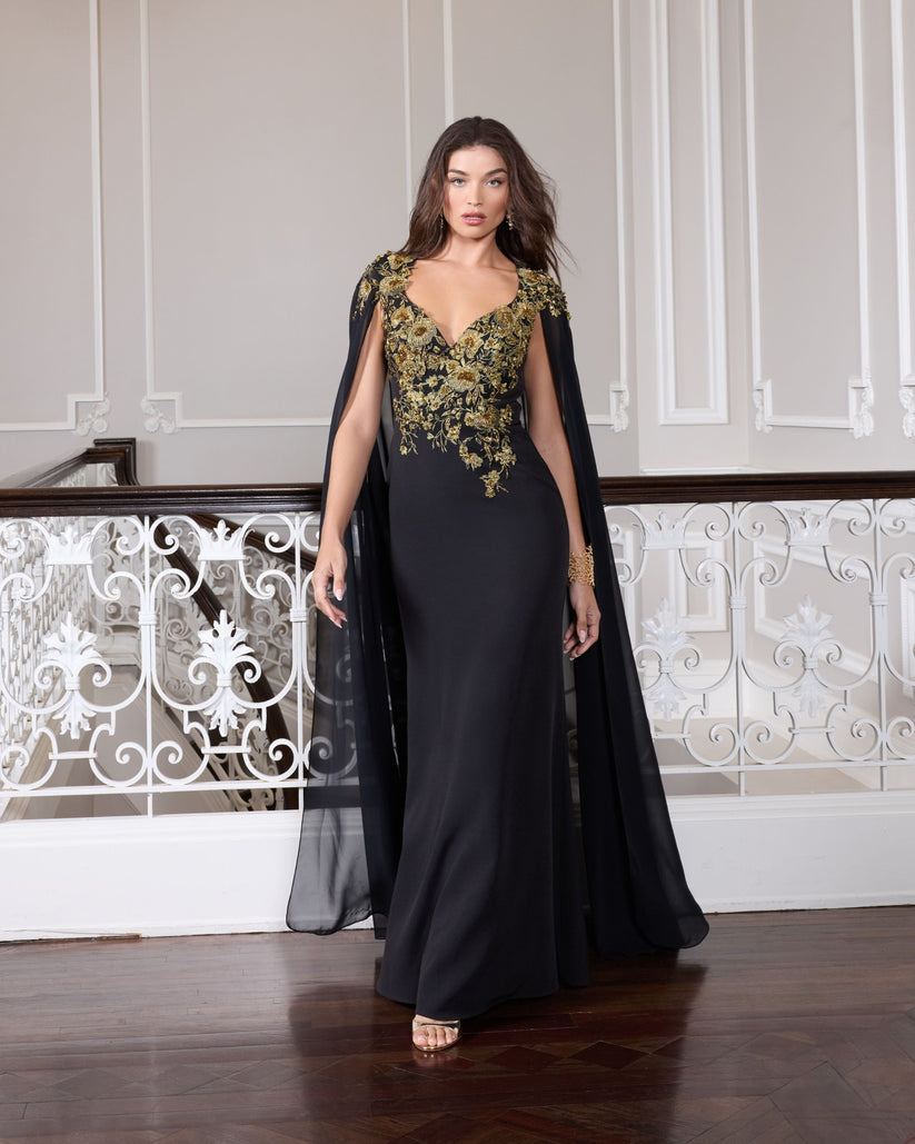 Mac Duggal 13206 - Floral Embroidered Cape Evening Gown Formal Gowns in Black and Gold