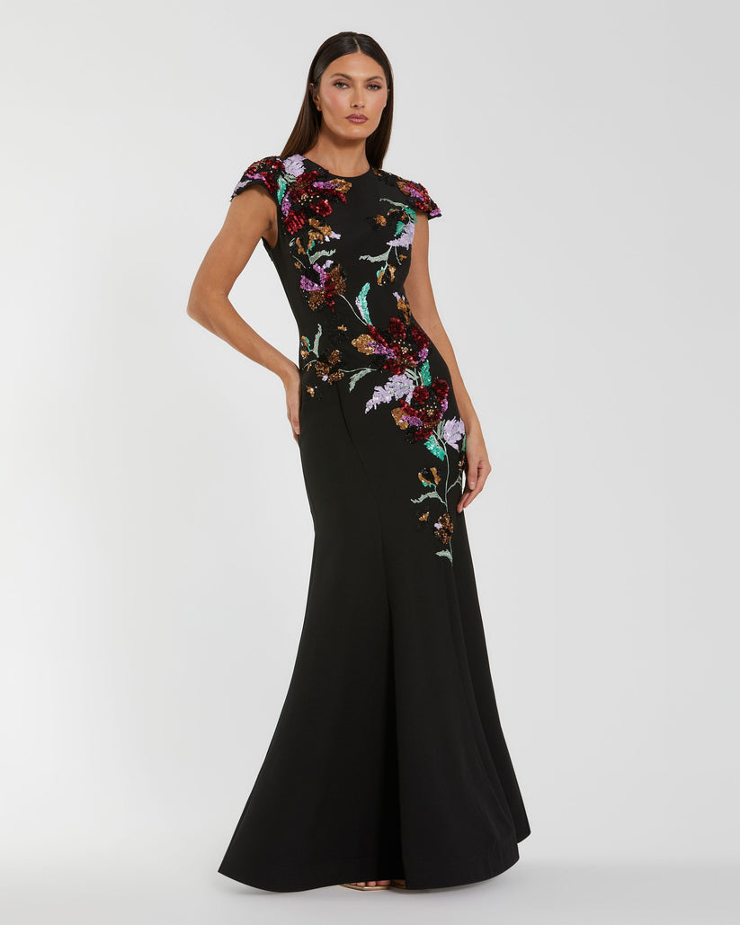Mac Duggal 13211 - Sequin Embroidered Cap Sleeve Long Dress Formal Gowns in Black and Multi