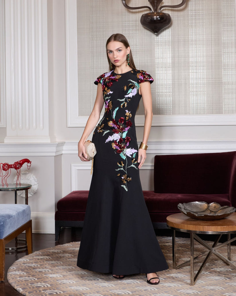 Mac Duggal 13211 - Sequin Embroidered Cap Sleeve Long Dress Formal Gowns in Black and Multi
