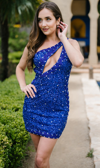 Aleta Couture 1324 - Sequined One-Shoulder Cocktail Dress Homecoming Dresses