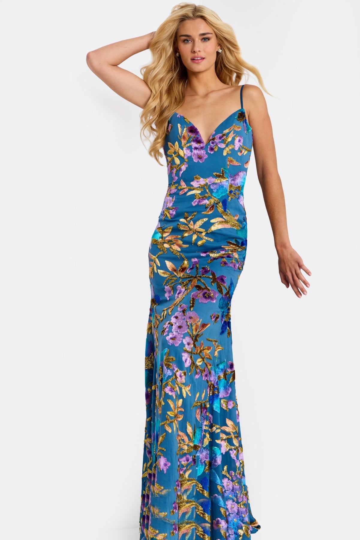 Jovani 47655 - Spaghetti Strap Floral Sequin Gown Prom Dresses in Blue and Multi