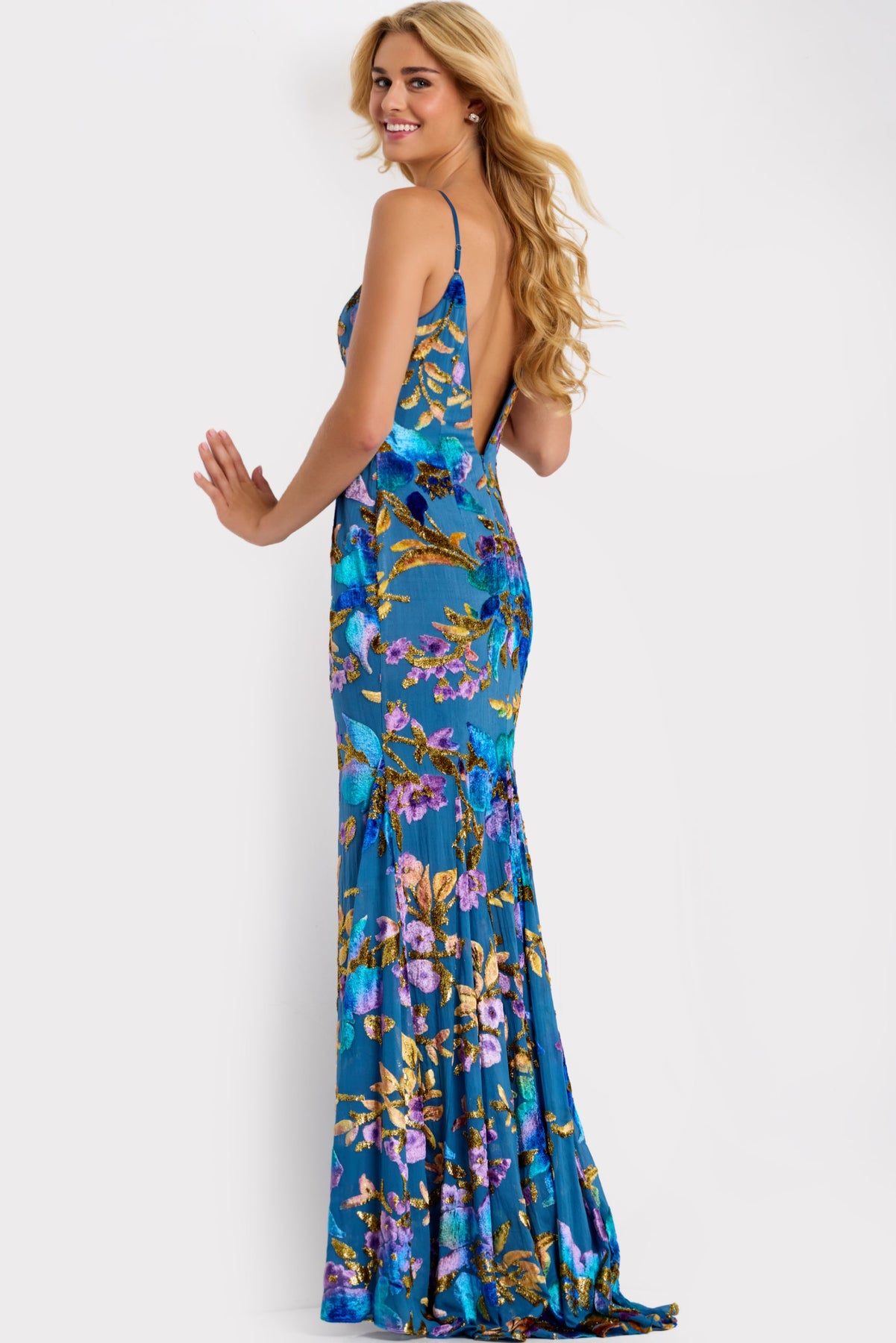 Jovani 47655 - Spaghetti Strap Floral Sequin Gown Prom Dresses in Blue and Multi