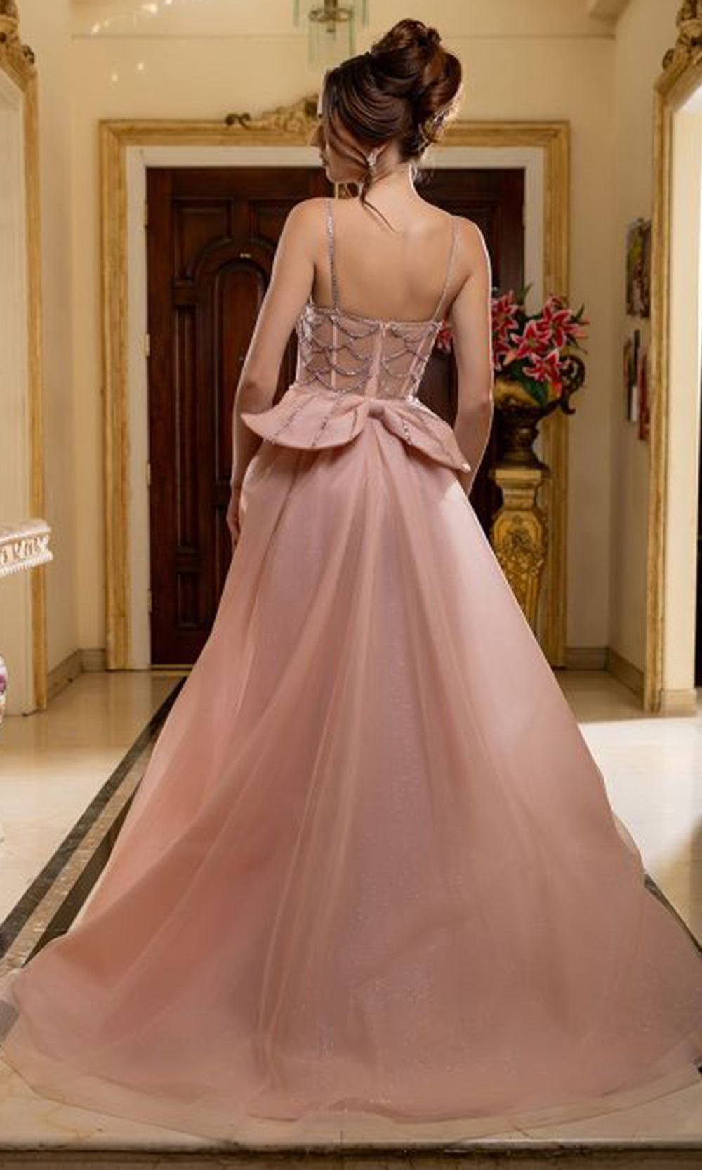 May Queen RQ8234 - Geometric Beaded Corset Evening Gown with Overskirt