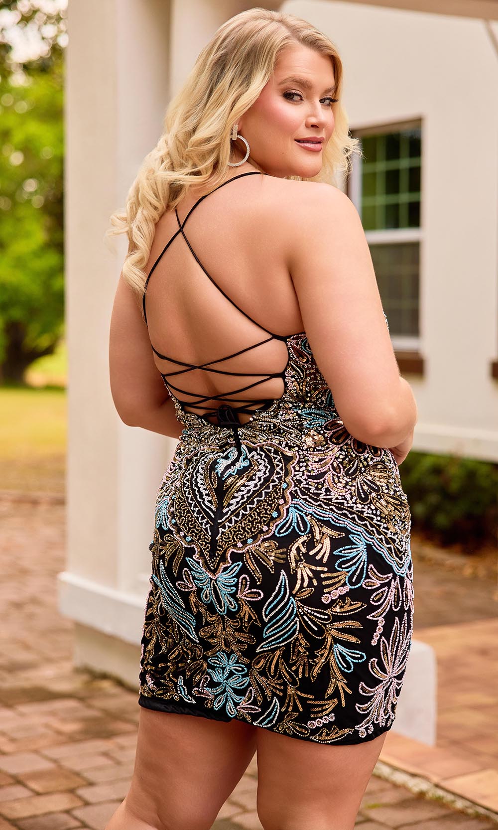 Primavera Couture 14090 - Short Net (100% Polyester), Satin Lining Sheath Dress - Fitted Shape, Shimmering Beading, Sequin, Sleeveless Bodice, Lace-Up Primavera Couture 14090 - Short Net (100% Polyester), Satin Lining Sheath Dress - Fitted Shape, Shimmering Beading, Sequin, Sleeveless Bodice, Lace-Up