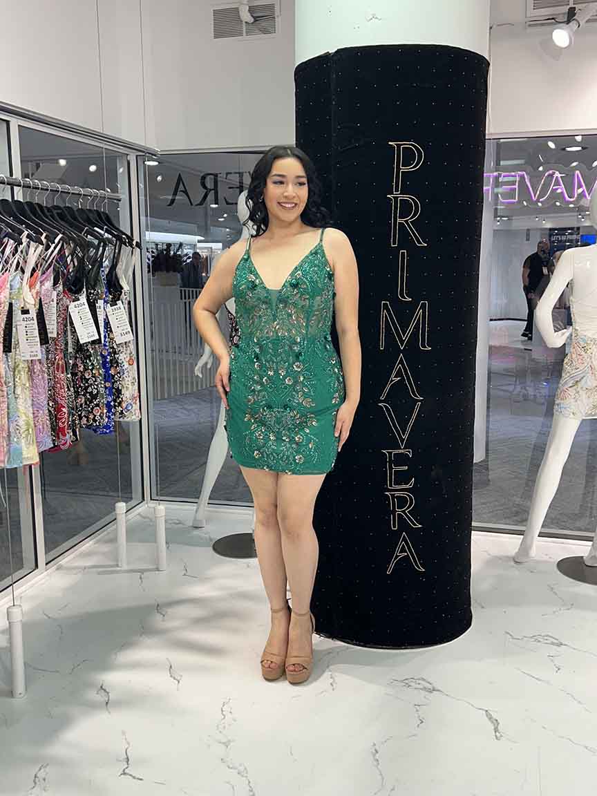 Primavera Couture 14095 - Deep V-Neck Beaded Floral Sheath Dress