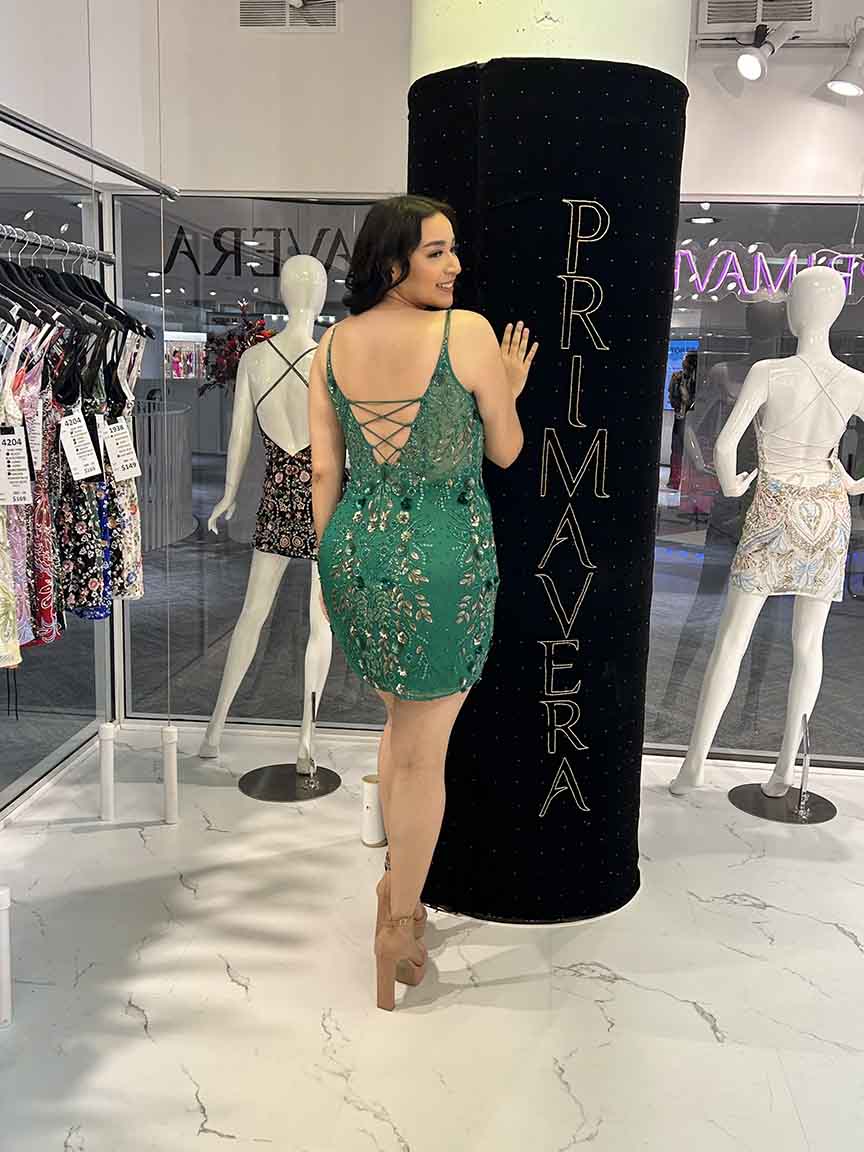 Primavera Couture 14095 - Deep V-Neck Beaded Floral Sheath Dress