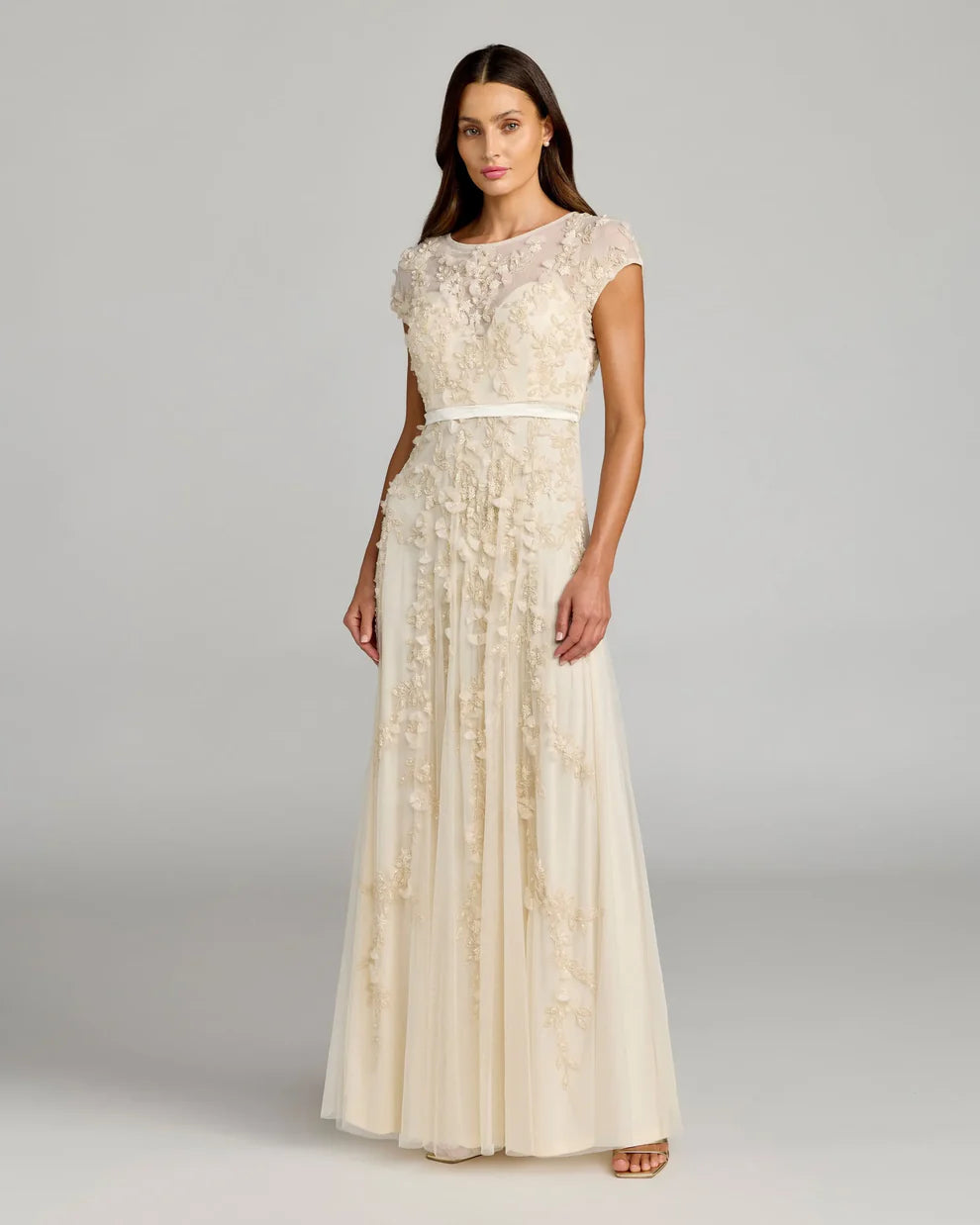 Mac Duggal 14521 - Floral Applique Mesh Gown with Illusion Neckline