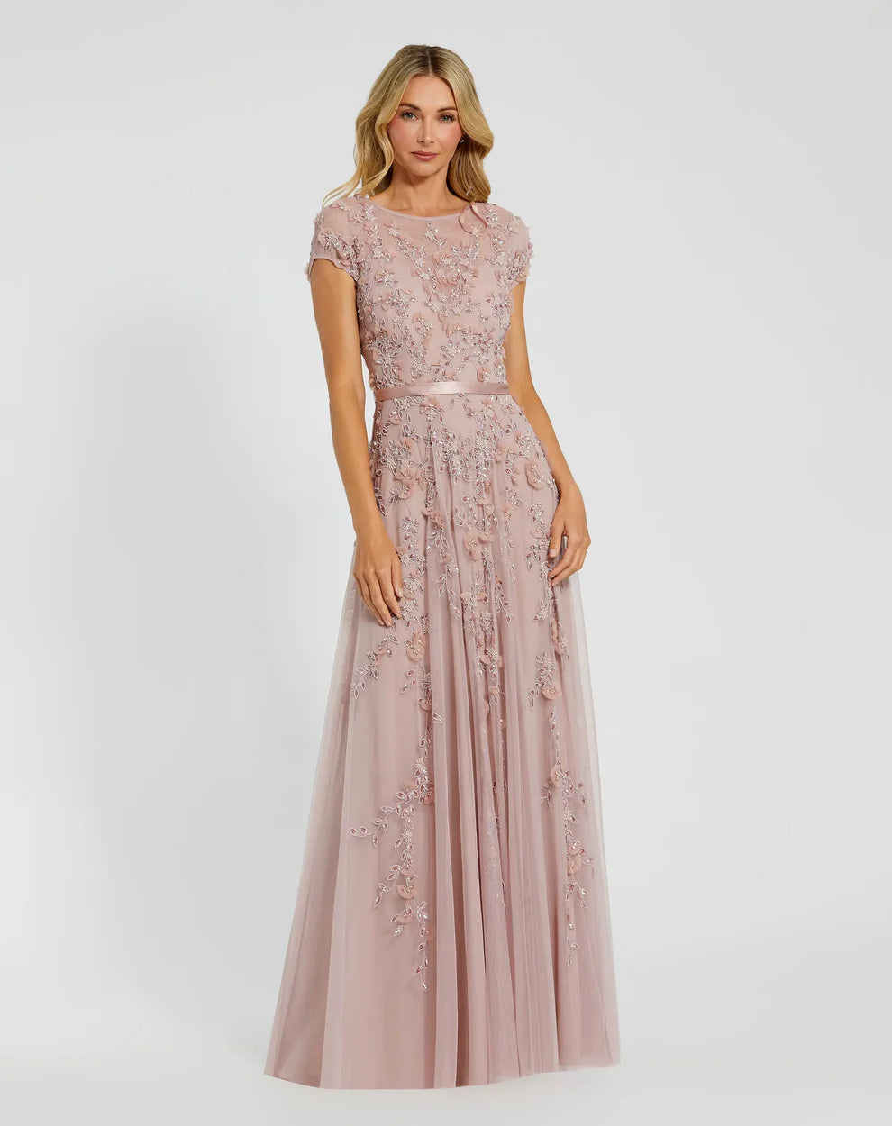 Mac Duggal 14521 - Floral Applique Mesh Gown with Illusion Neckline