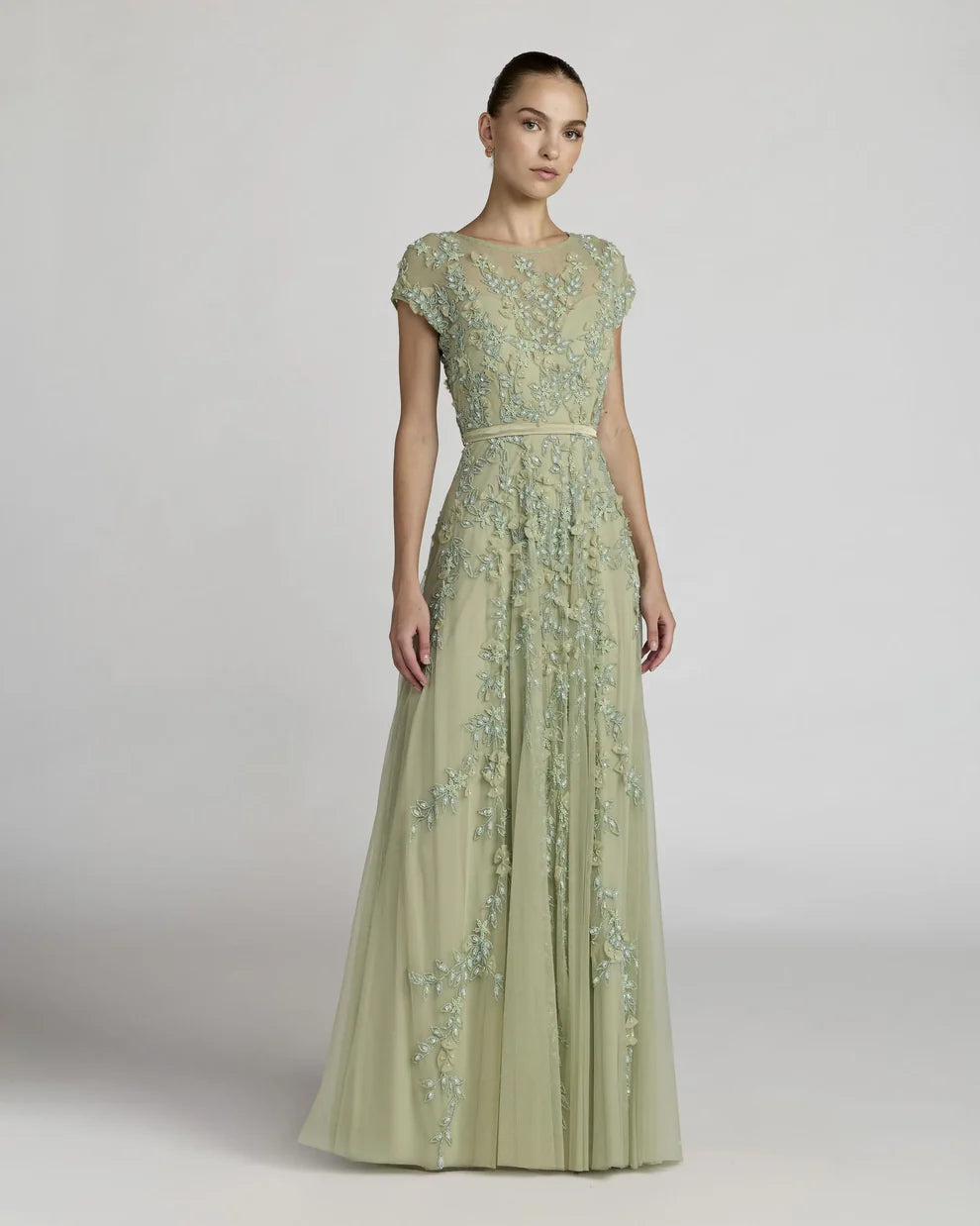 Mac Duggal 14521 - Floral Applique Mesh Gown with Illusion Neckline