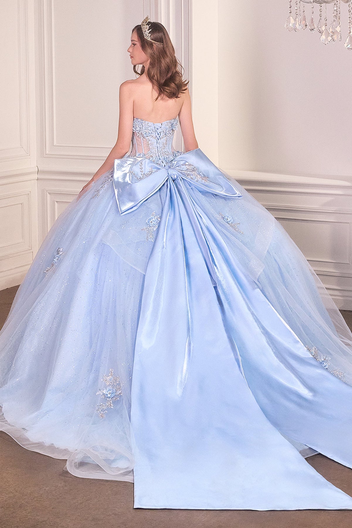 Ladivine 15726 - Glitter Tulle Floral Ball Gown with Bow Quinceanera Dresses in Lt Blue