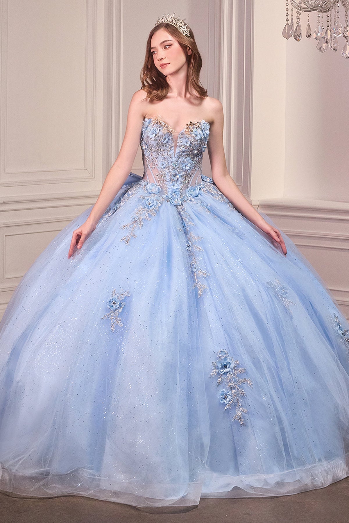 Ladivine 15726 - Glitter Tulle Floral Ball Gown with Bow Quinceanera Dresses in Lt Blue