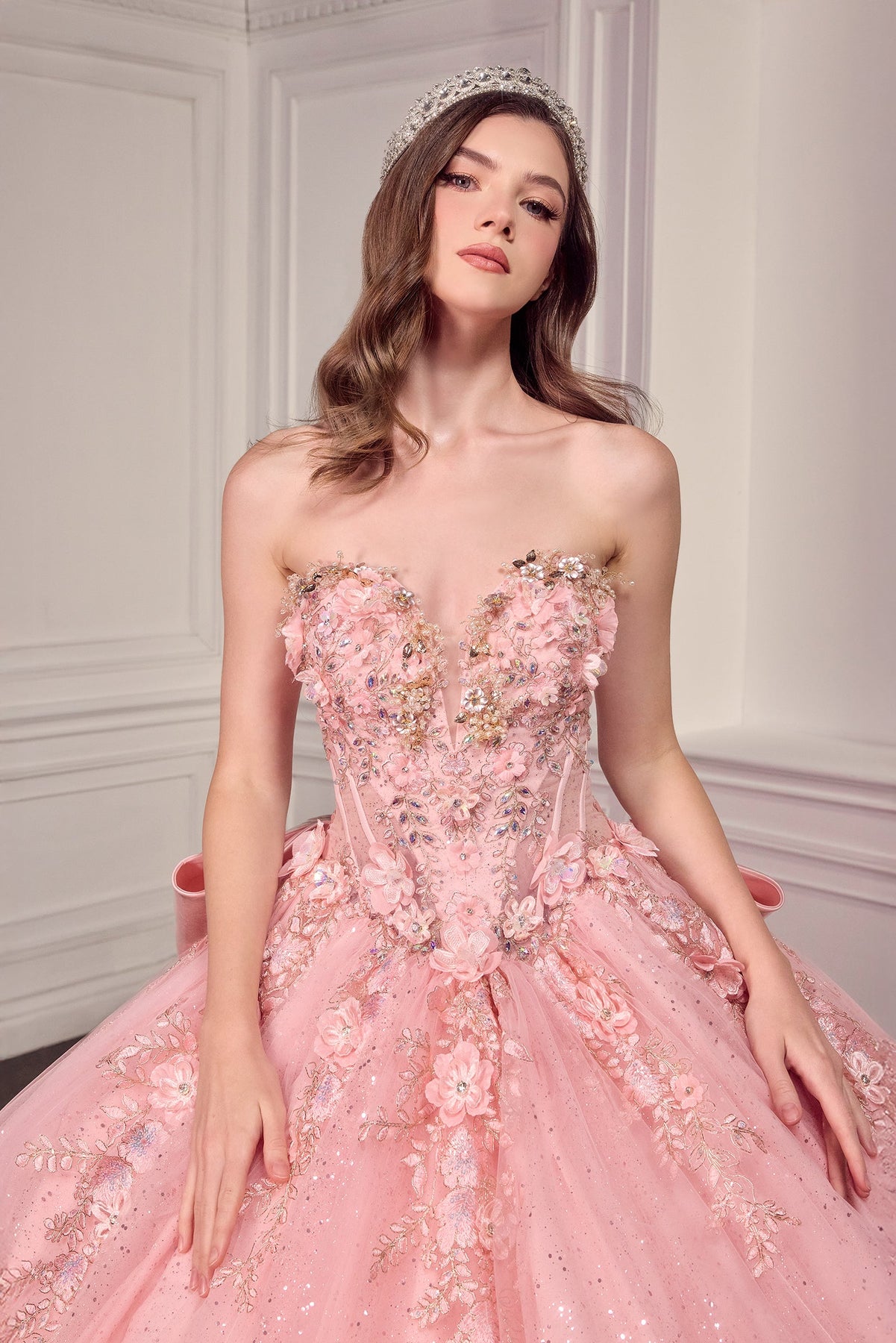 Ladivine 15726 - Glitter Tulle Floral Ball Gown with Bow Quinceanera Dresses in Lt Blue