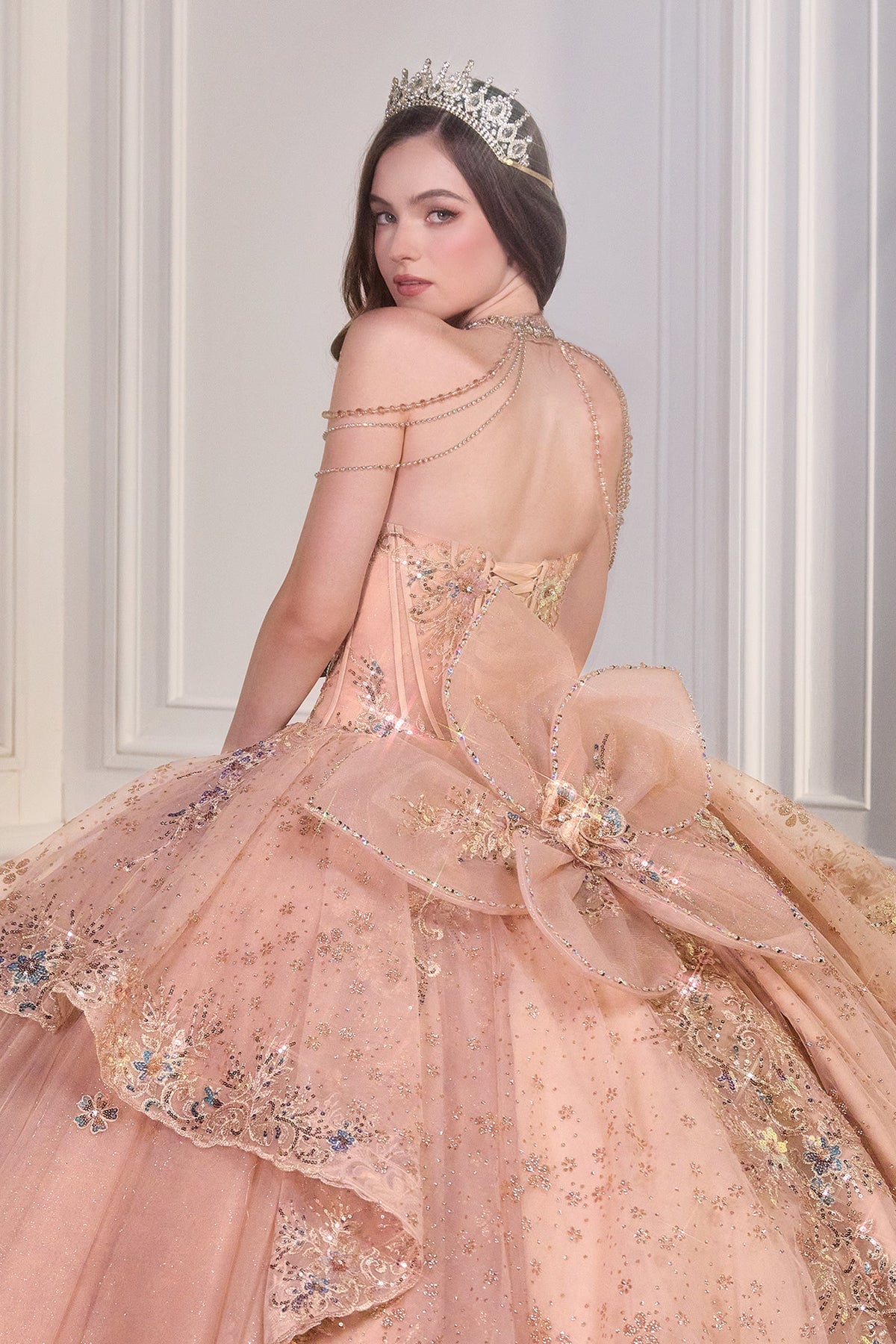 Ladivine 15727 - Tiered Tulle Quinceanera Gown Quinceanera Dresses in Rose Gold