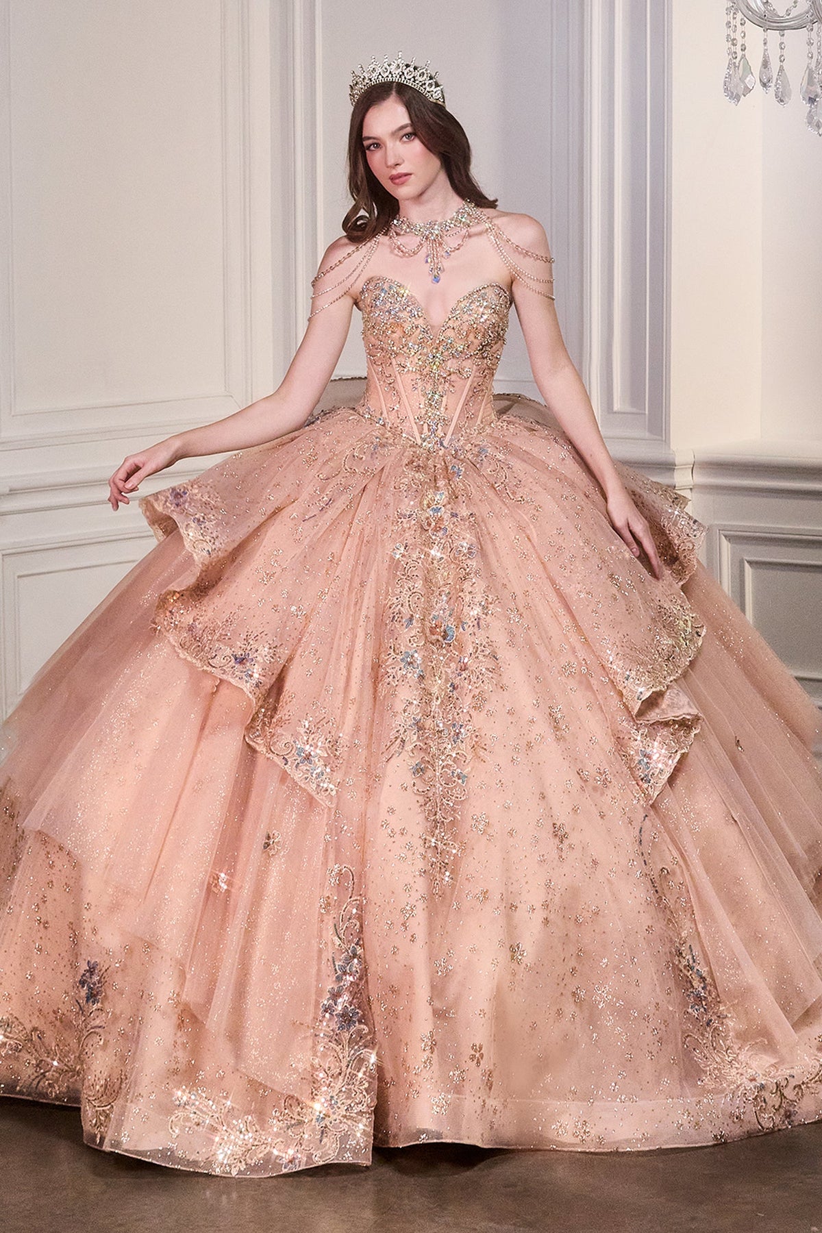 Ladivine 15727 - Tiered Tulle Quinceanera Gown Quinceanera Dresses in Rose Gold